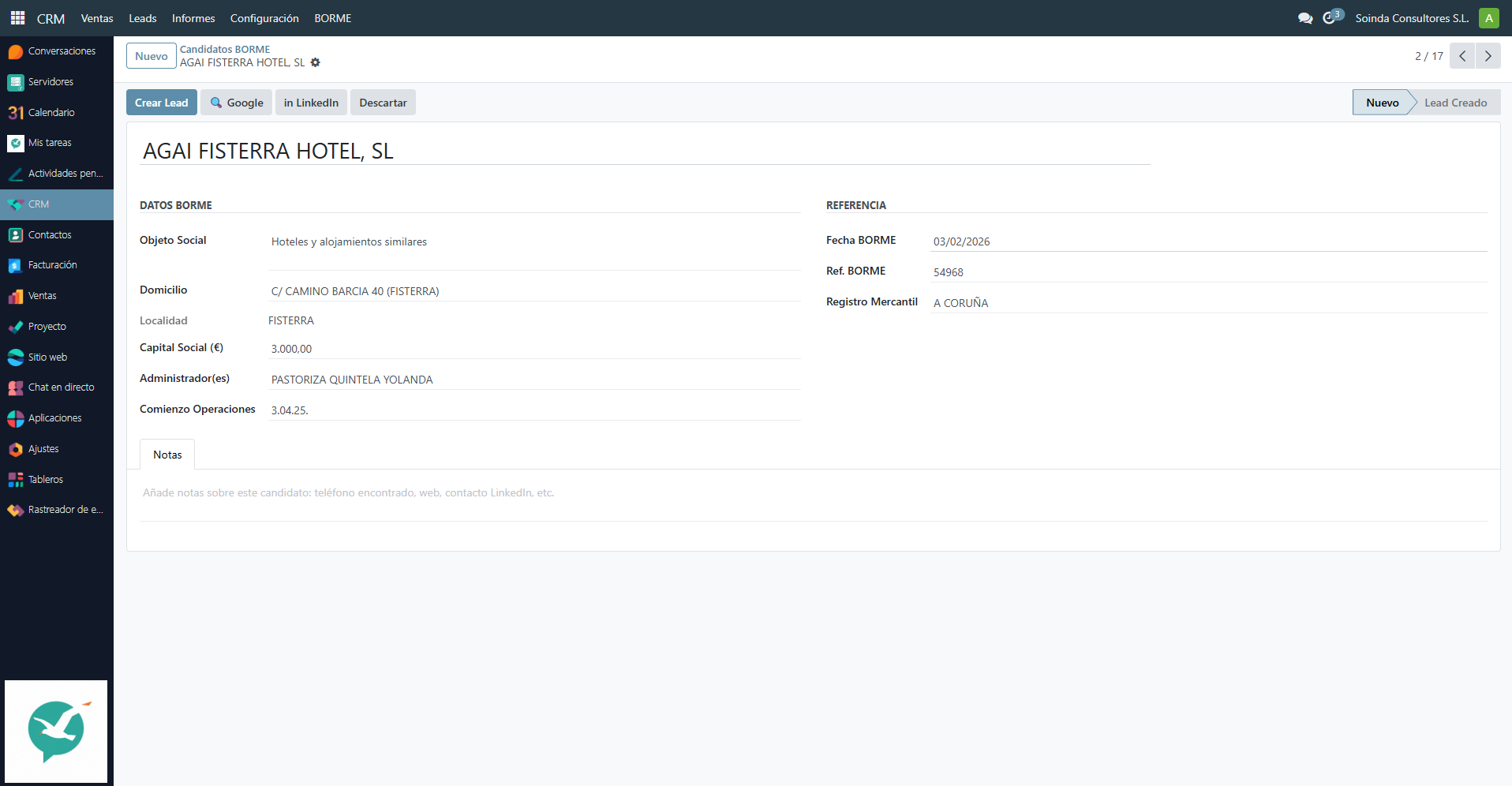 Detalle de candidato BORME en Odoo - Datos de la empresa, objeto social, administrador y botones de búsqueda Google y LinkedIn