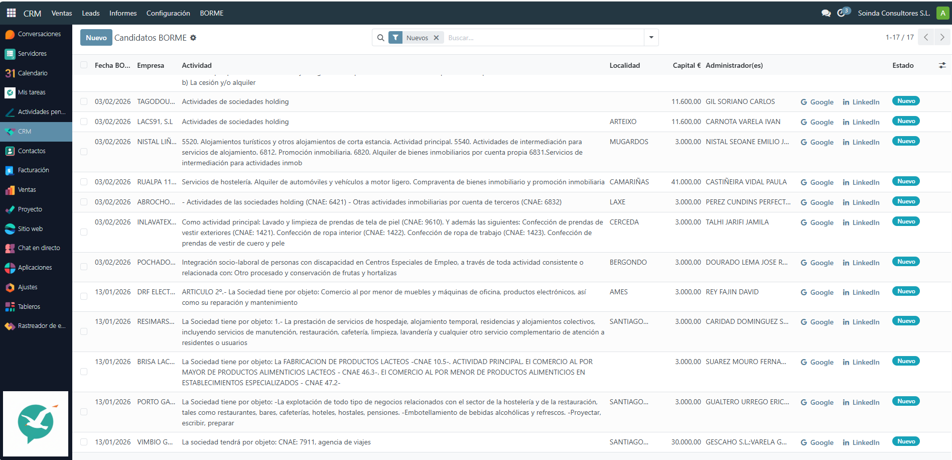 Vista de lista de candidatos BORME en Odoo CRM - Empresas nuevas con nombre, actividad, localidad y capital