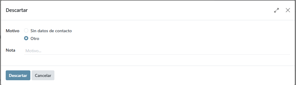 Asistente de descarte de candidatos BORME en Odoo con selección de motivo para futuro seguimiento