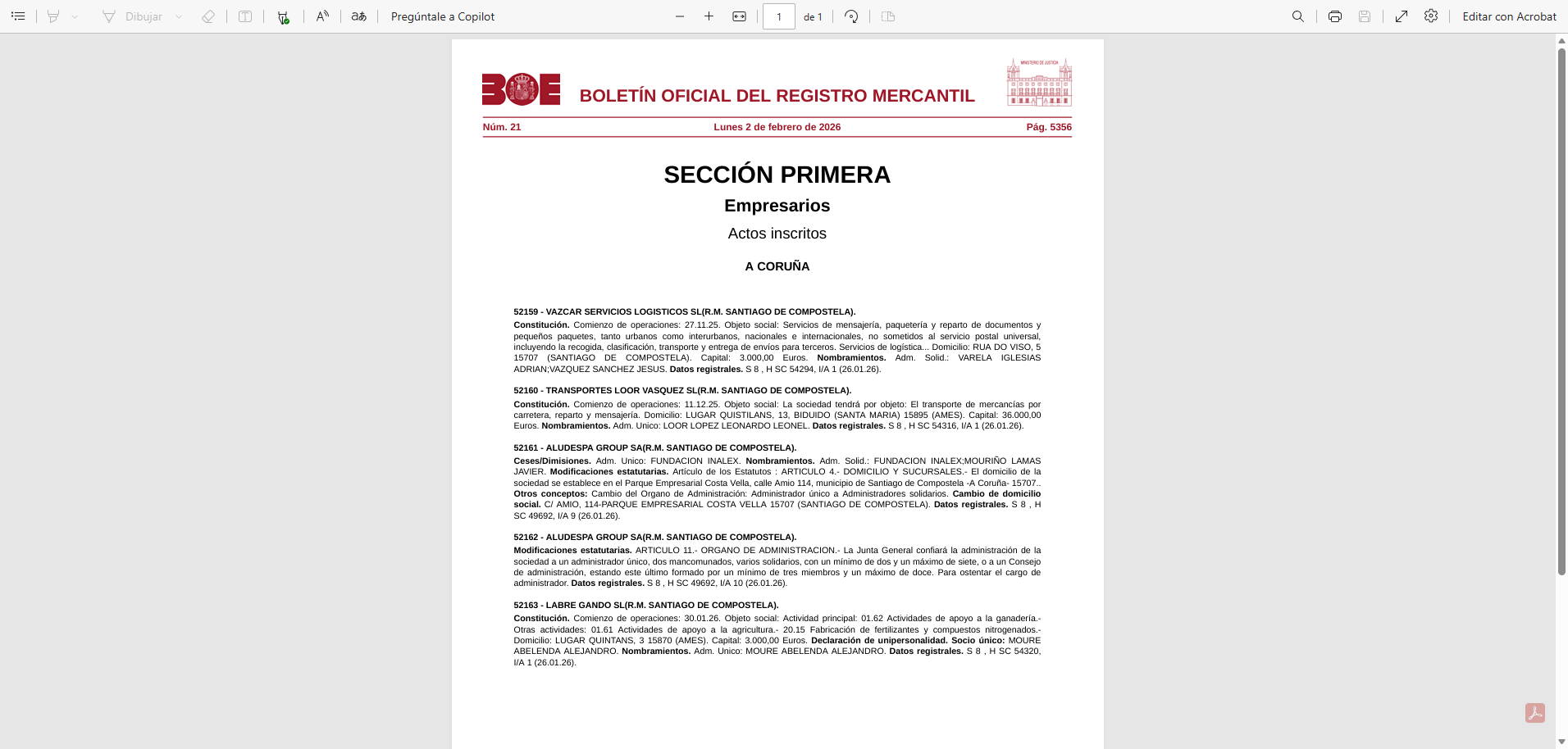 Ejemplo de PDF del BORME con constituciones de nuevas empresas publicado en el BOE