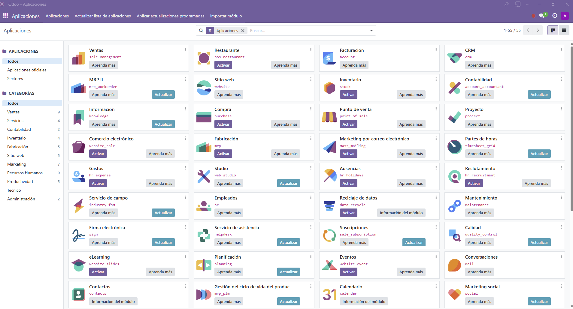 Dashboard principal de Odoo