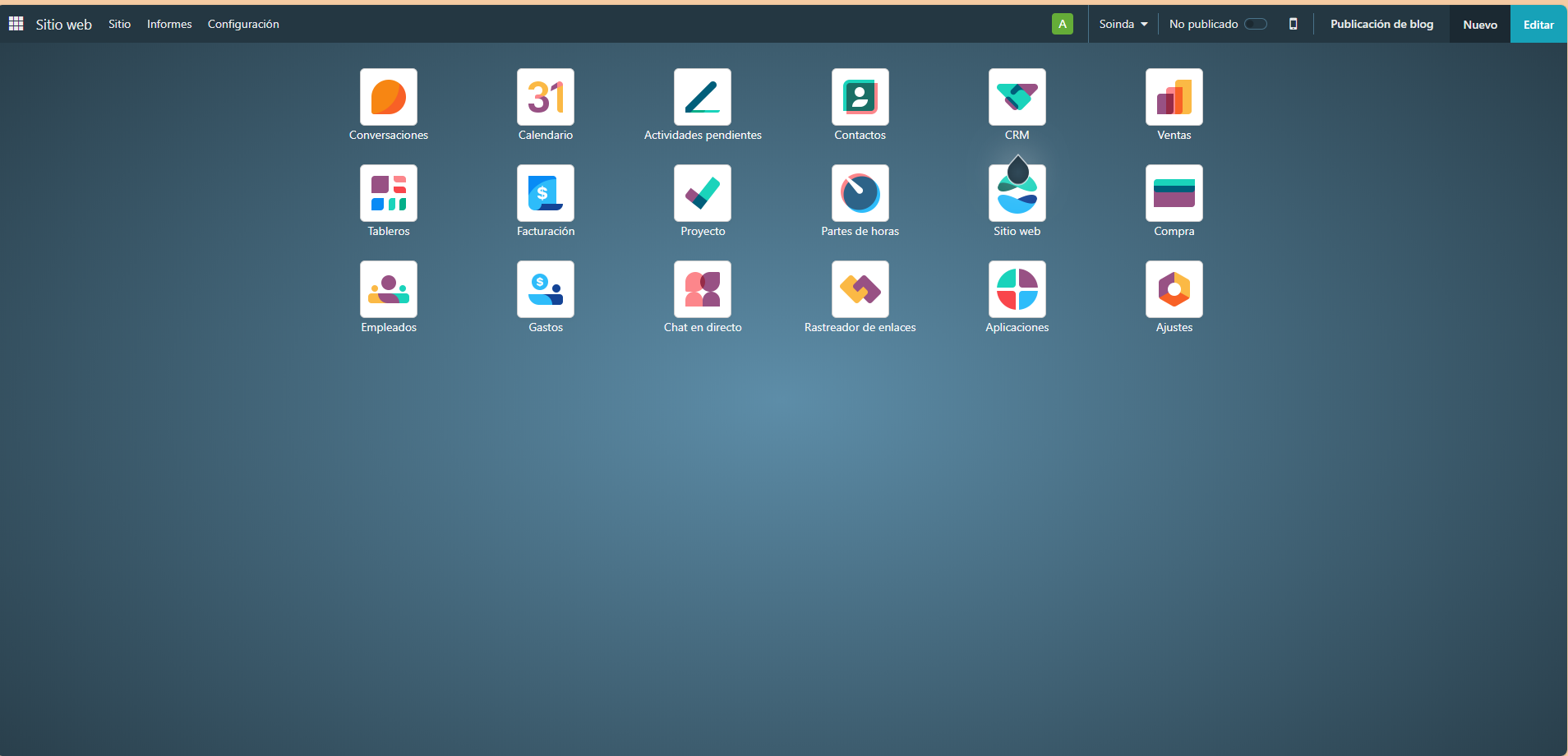 Menú de Odoo Community con MuK Backend Theme - App Drawer con iconos