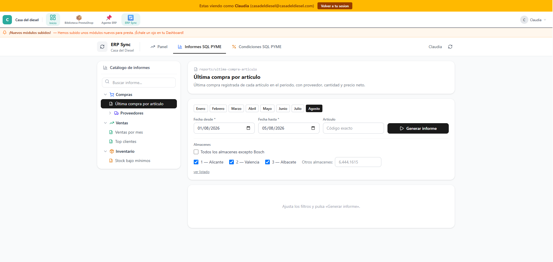 Catálogo de informes de SQL Pyme con secciones de compras, ventas e inventario y filtros por fecha, artículo y almacén