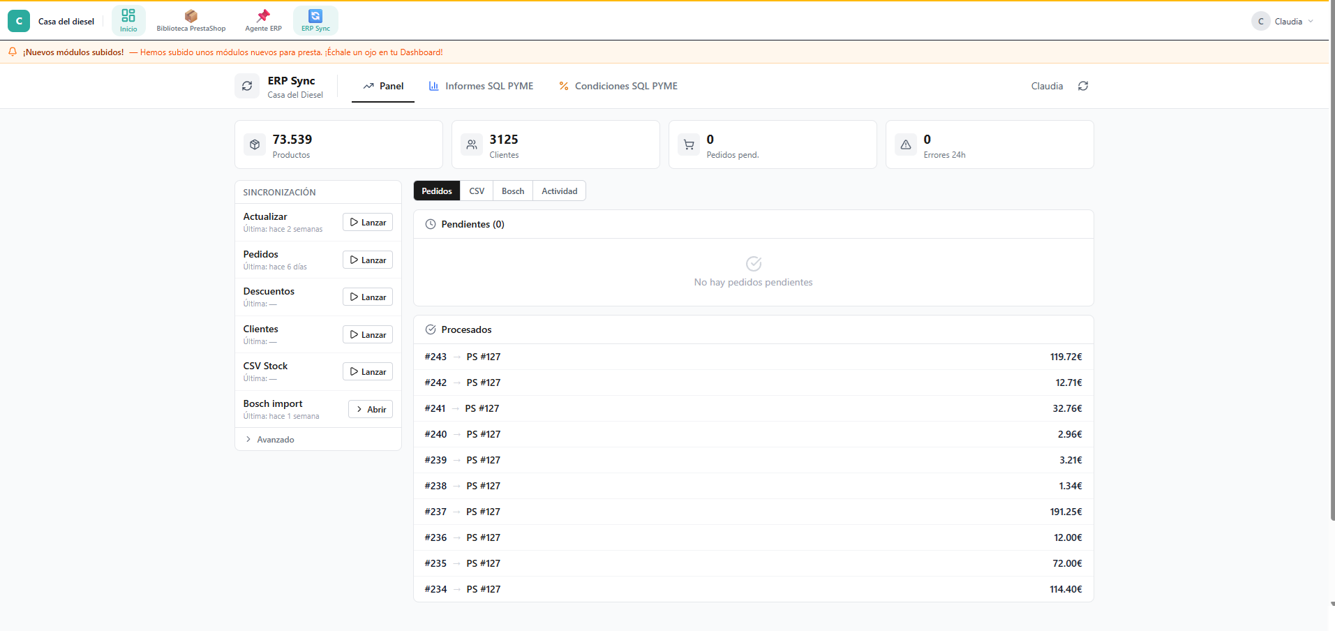 Panel de sincronización con el total de productos y clientes, los pedidos pendientes y el listado de pedidos procesados con su equivalencia en PrestaShop
