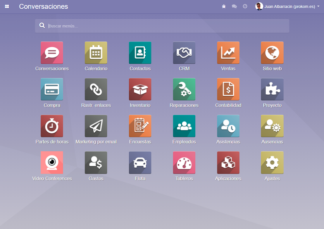 Panel de control de Odoo ERP mostrando dashboard de gestión empresarial